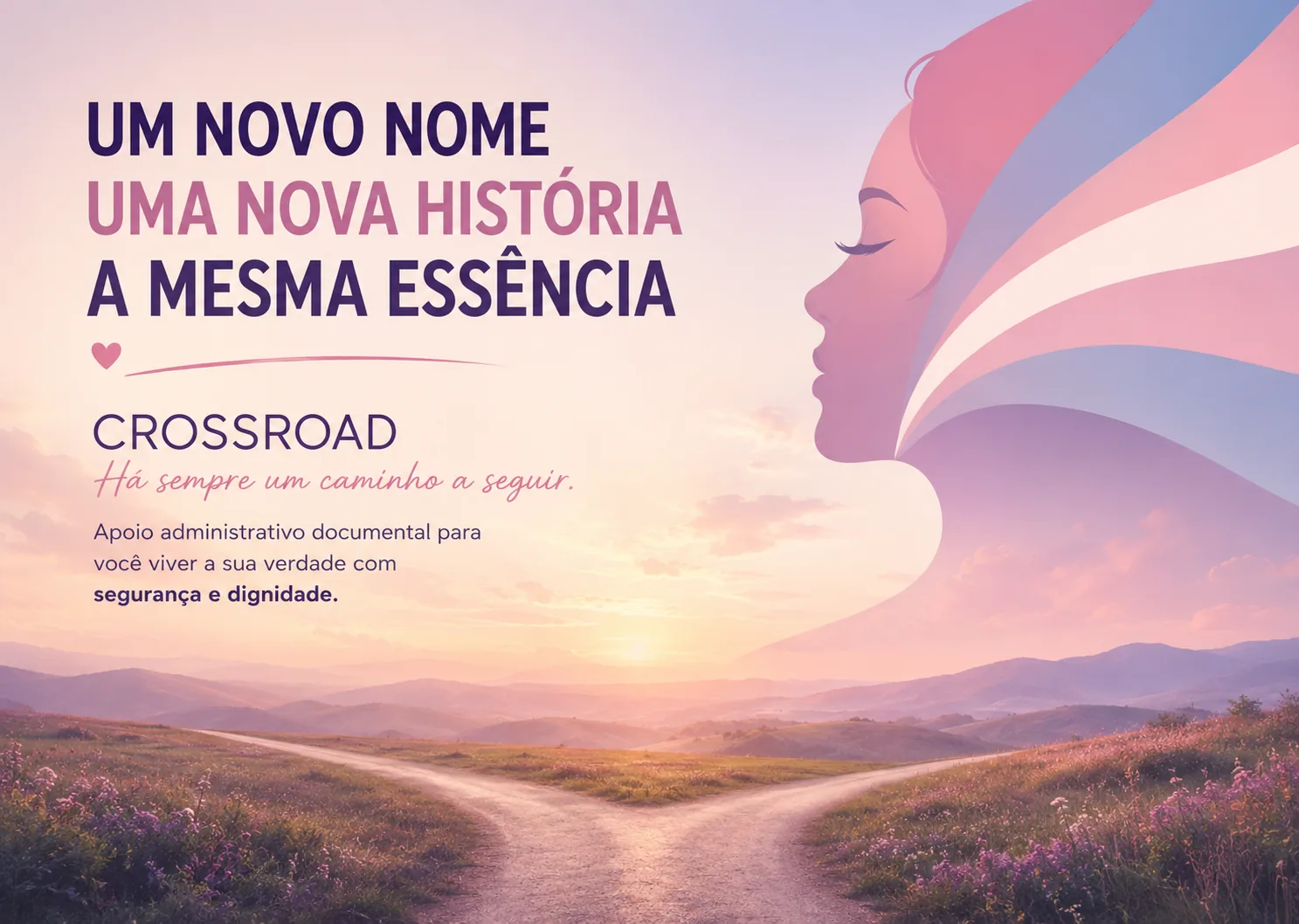 Crossroad — caminho ao pôr do sol com bússola dourada. Um novo nome, uma nova história, a mesma essência.